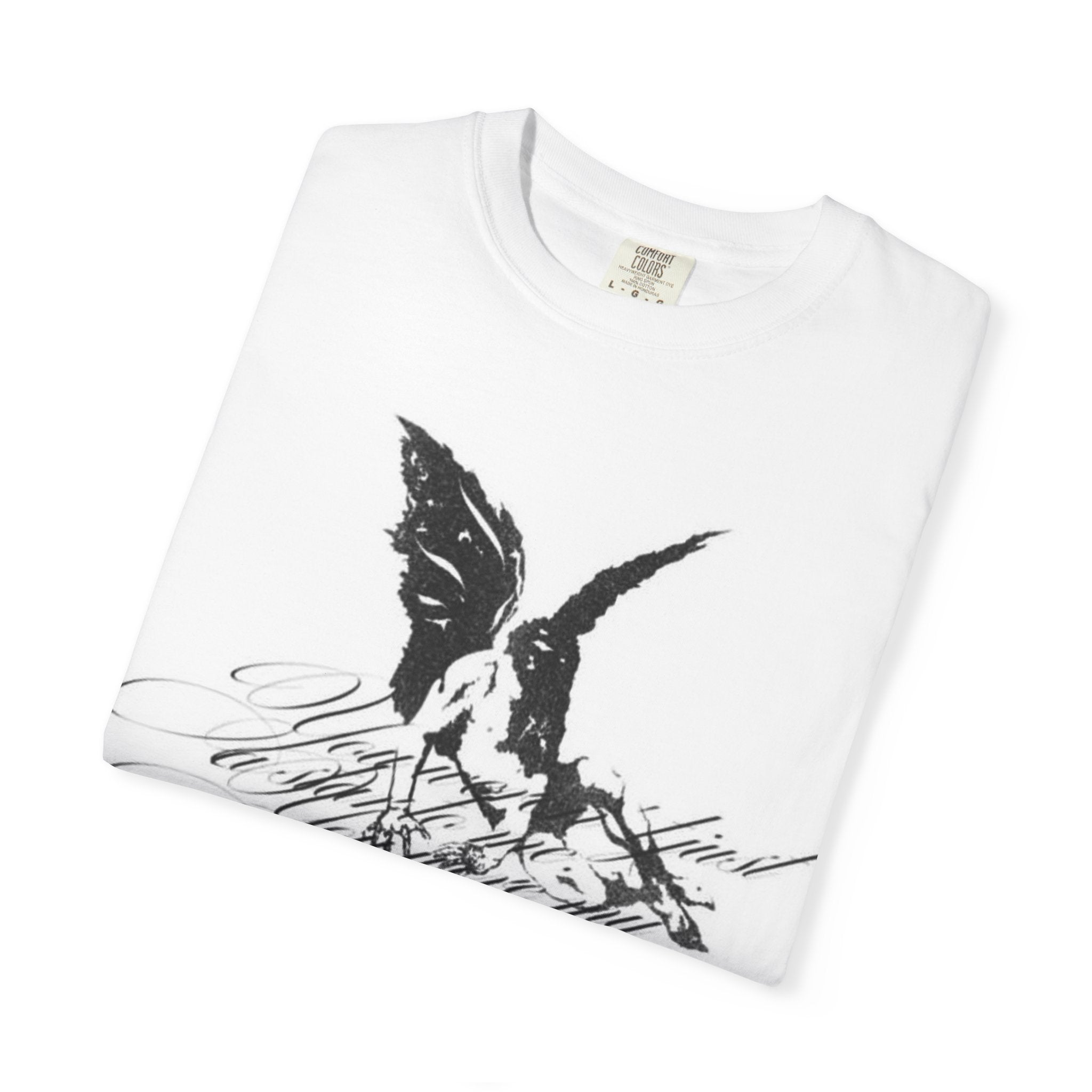 Raven Script T-Shirt — Gothic Raven Illustration with Calligraphy