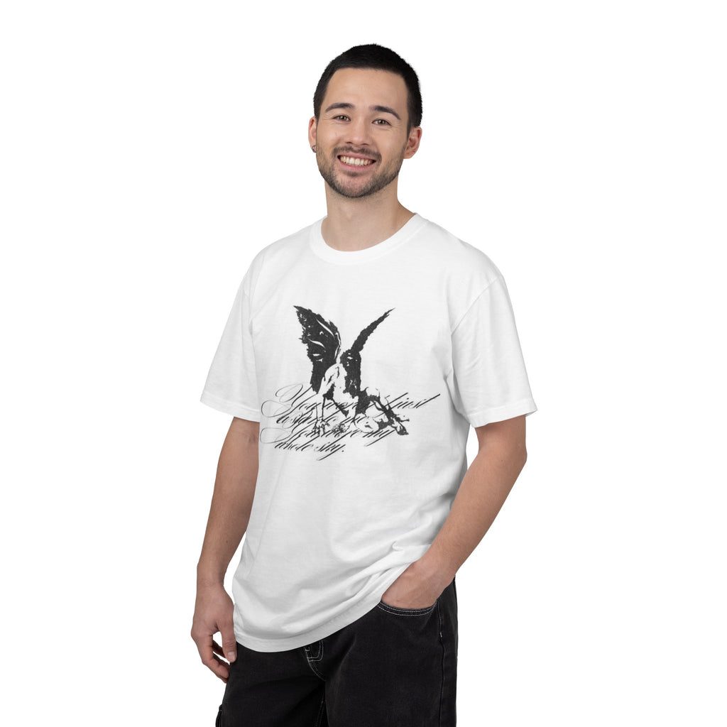 Raven Script T-Shirt — Gothic Raven Illustration with Calligraphy